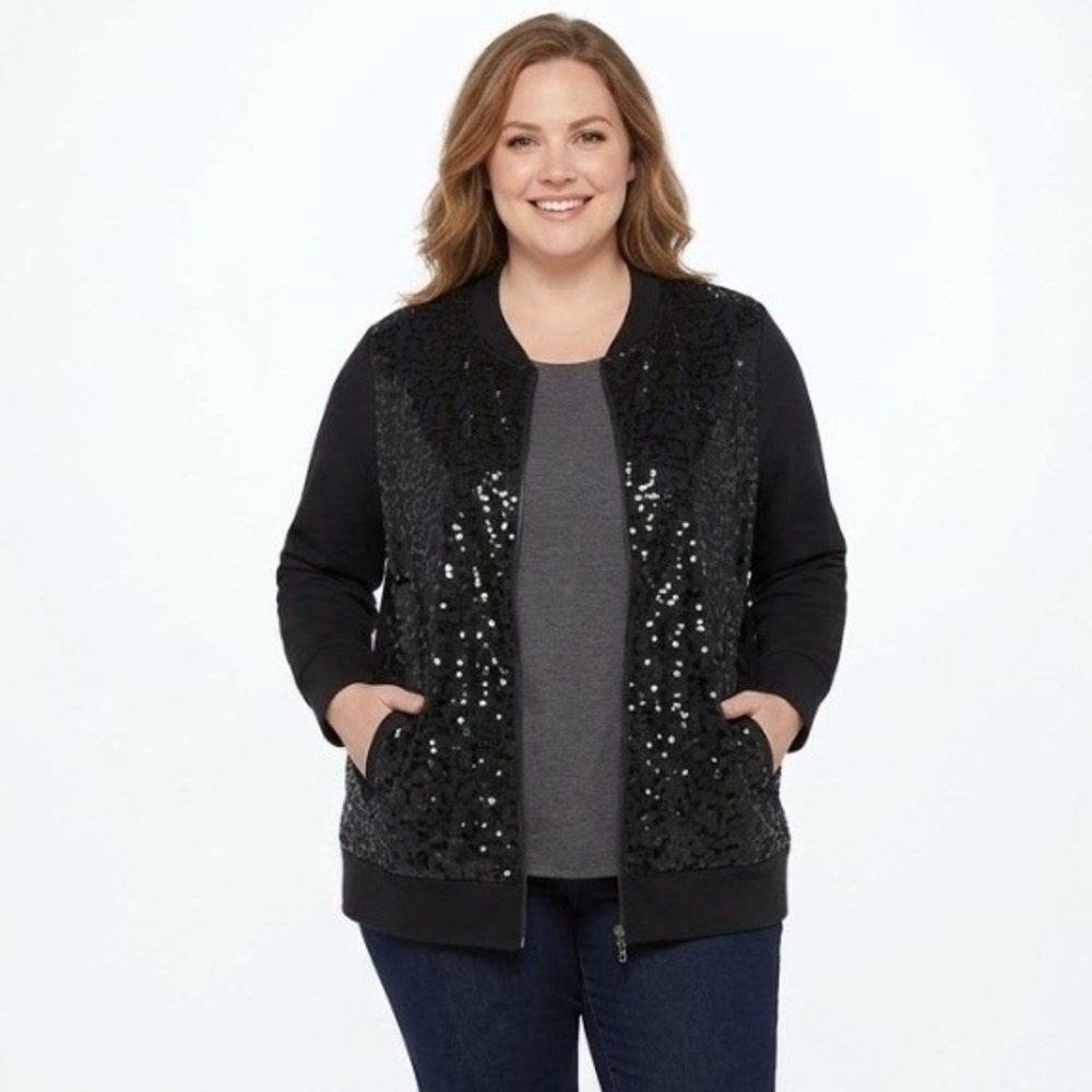 Quacker Factory Jacket size 1X Black Sequins Full Zip‎ Evening Holiday Festival